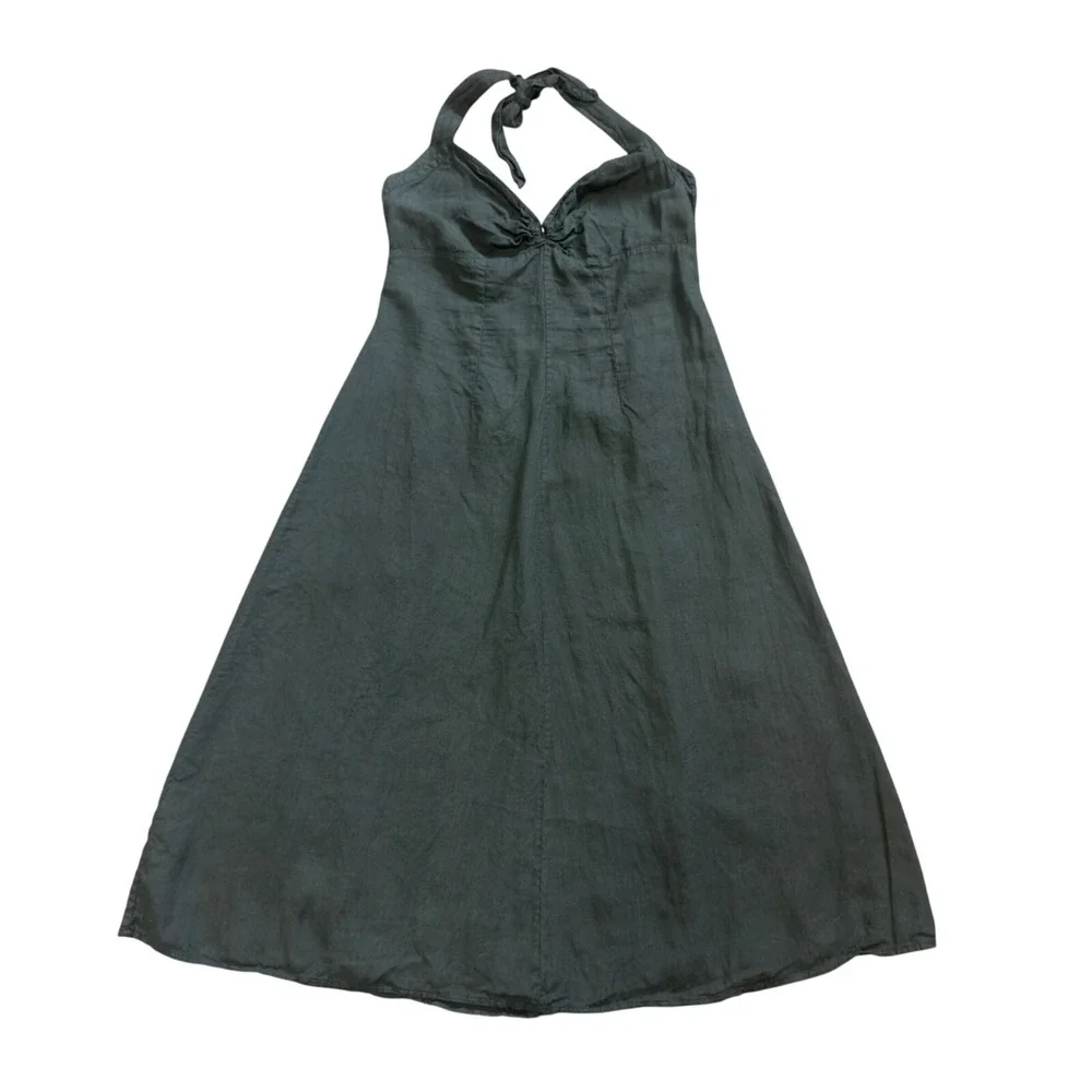 120% Lino Dark Green 100% Linen Halter Midi Dress Made in Italy Ruched V-Neck